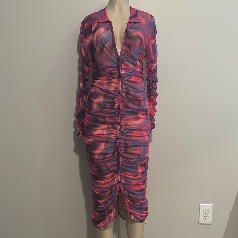PINK ABSTRACT PRINT MESH RUCHED SHIRT DRESS size 8